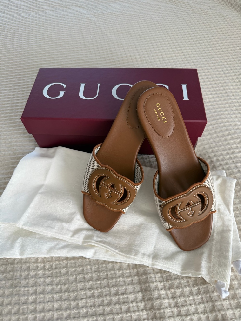 Gucci Tan Brown Canvas & Leather Slide Mules